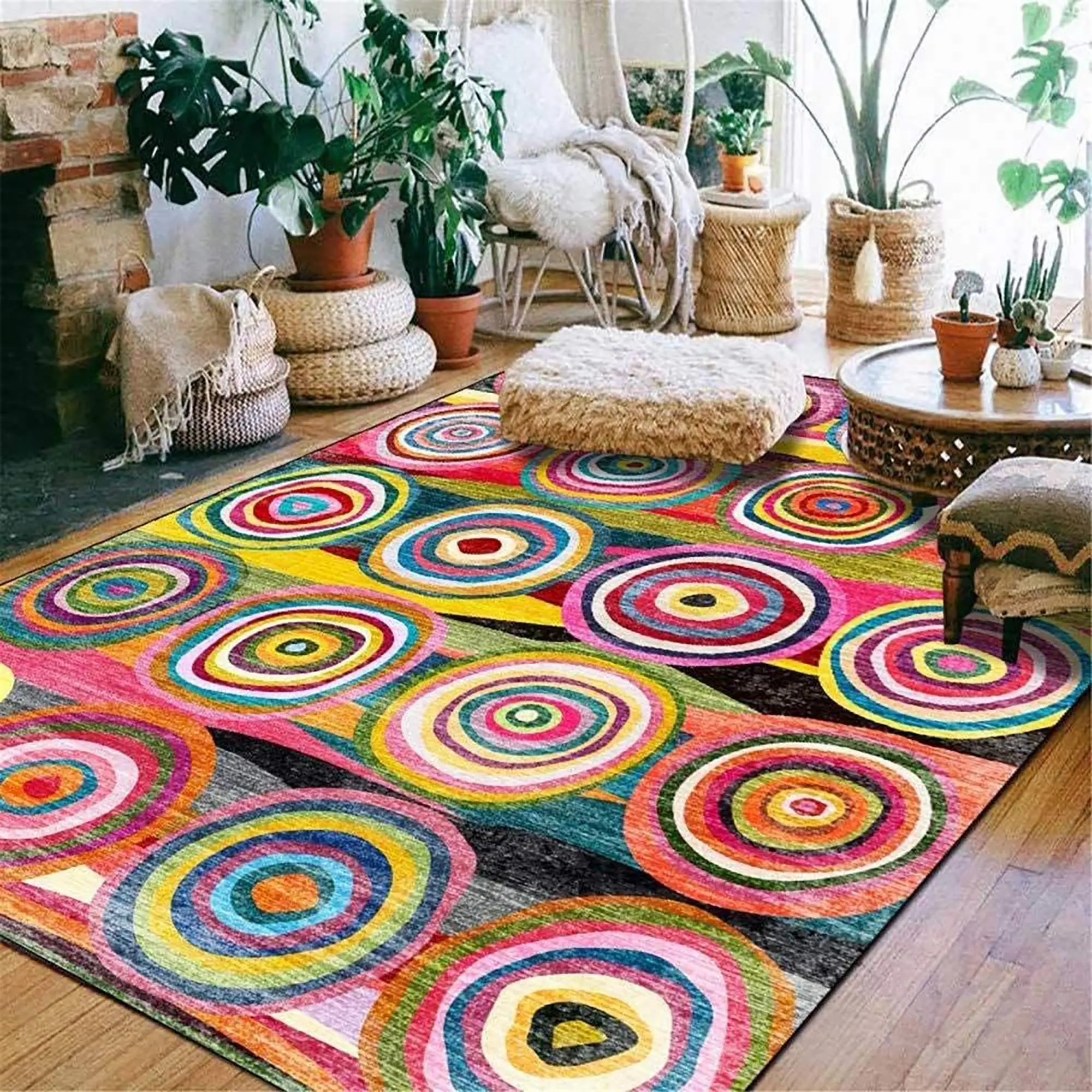 Colorful Boho Style Circular Pattern Rug, Boho Washable Rugs, Boho Area Rug, Bohemian Style Rugs, Non-slip Soft Floor Mat, Decorative Carpet for Home Living Room Bedroom, Home Decor