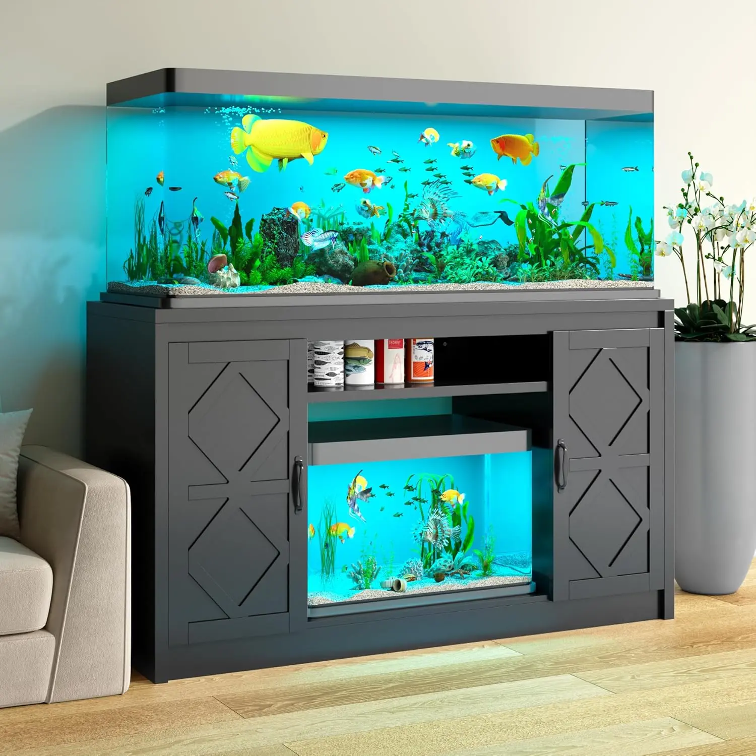Fish Tank Stand 55-75 Gallon Fish Tank Stand with Diamond Doors & Power Outlet, Heavy Duty Aquarium Stand with Cabinet Storage for Fish Tank, Turtle Tank, Reptile Terrarium (Black), Modern, Heavy-Duty Support