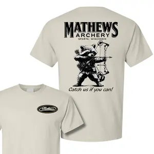 Catch Us If You Can 2025 Mathews Archery Raccoon T-Shirt, Perfect Gift for Archery and Hunting Lovers, Unisex Casual 100% Cotton Tee, 2 Sides Design