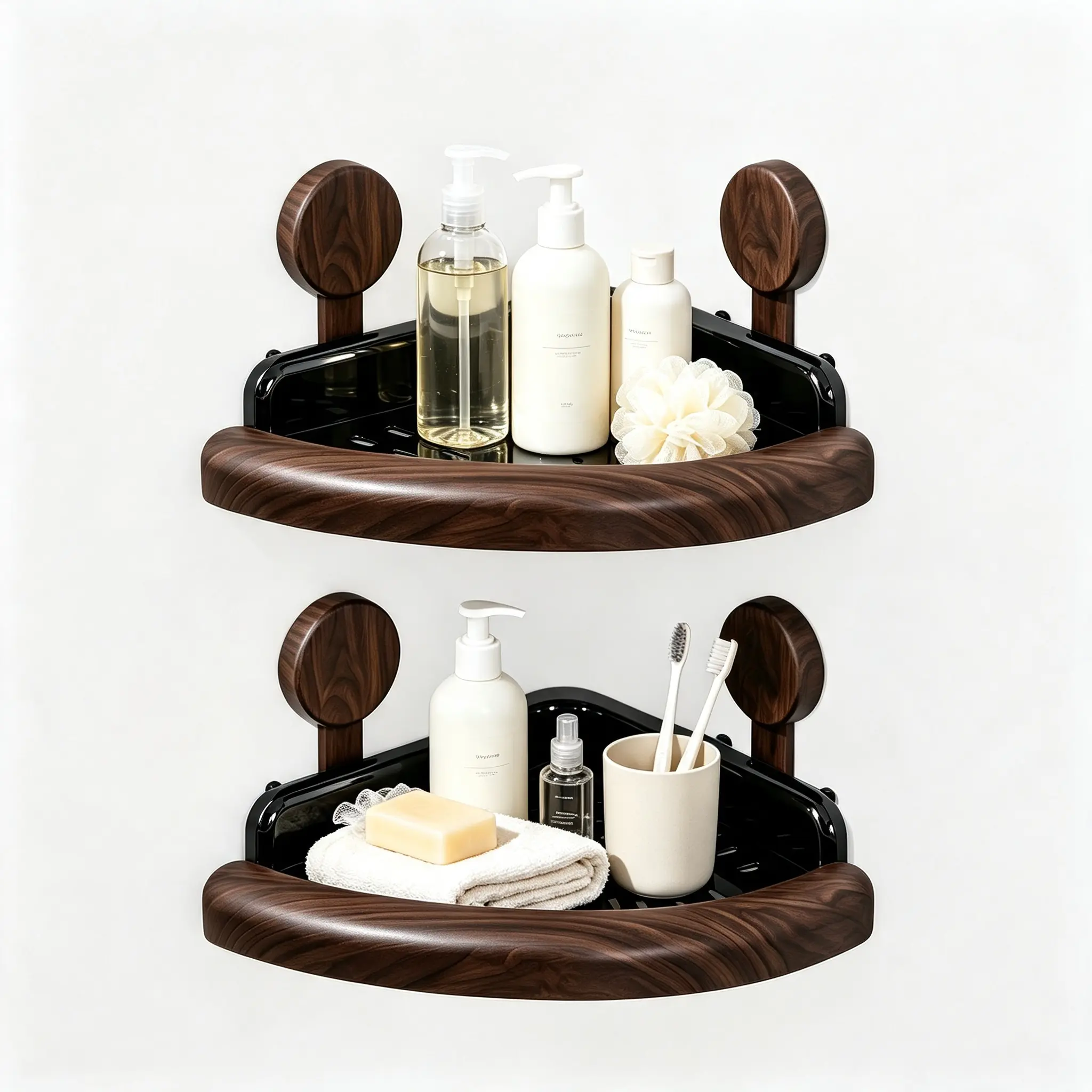 2-Tier Wood Grain Suction Corner Shower Caddy, No Drill Waterproof Triangle Wall Mount Bathroom Shelf, Drainage Storage Organizer for Shampoo Toiletries, Space Saving Shower Corner Rack