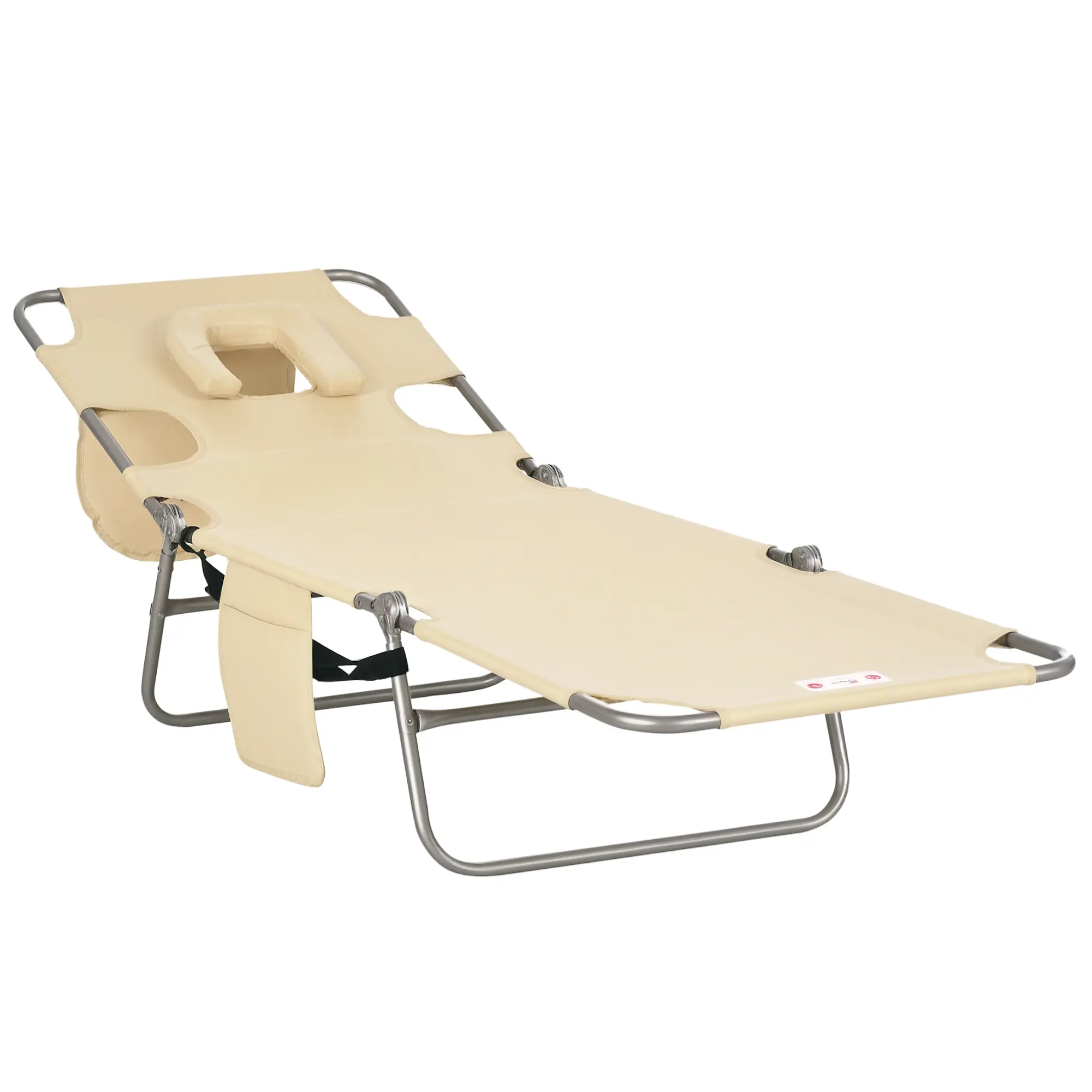 Foldable Outdoor Sunlounger for Adults - Steel Frame, Adjustable Back, 5-Position Recline, Face Hole, Arm Slots, Side Pocket, Pillow, 11.7 lb, 265 lb Capacity, No Assembly, Backyard Pool, Poolside, Reading Use, Compact, Durable, Lightweight, 72.8" L X 21.