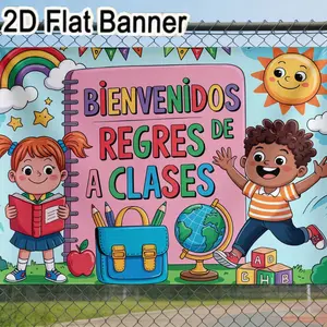 2D flat banner, 1pcSpanish Welcome Back to School Classroom Decor, Colorful Spiral Notebook & School Supplies Backdrop for Kids Return to Class, Cartoon-Style Teacher & Student Illustration Party Decor
