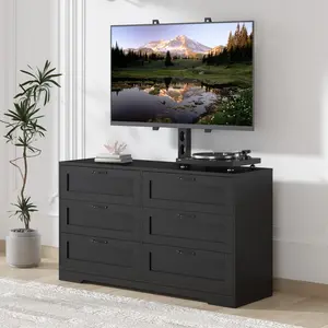 White/Black TV Stand with Built-in Mount & 6 Drawers for 32-80 Inch TVs, Height Adjustable Bracket Entertainment Center, Wooden Media Console for Bedroom & Living Room
