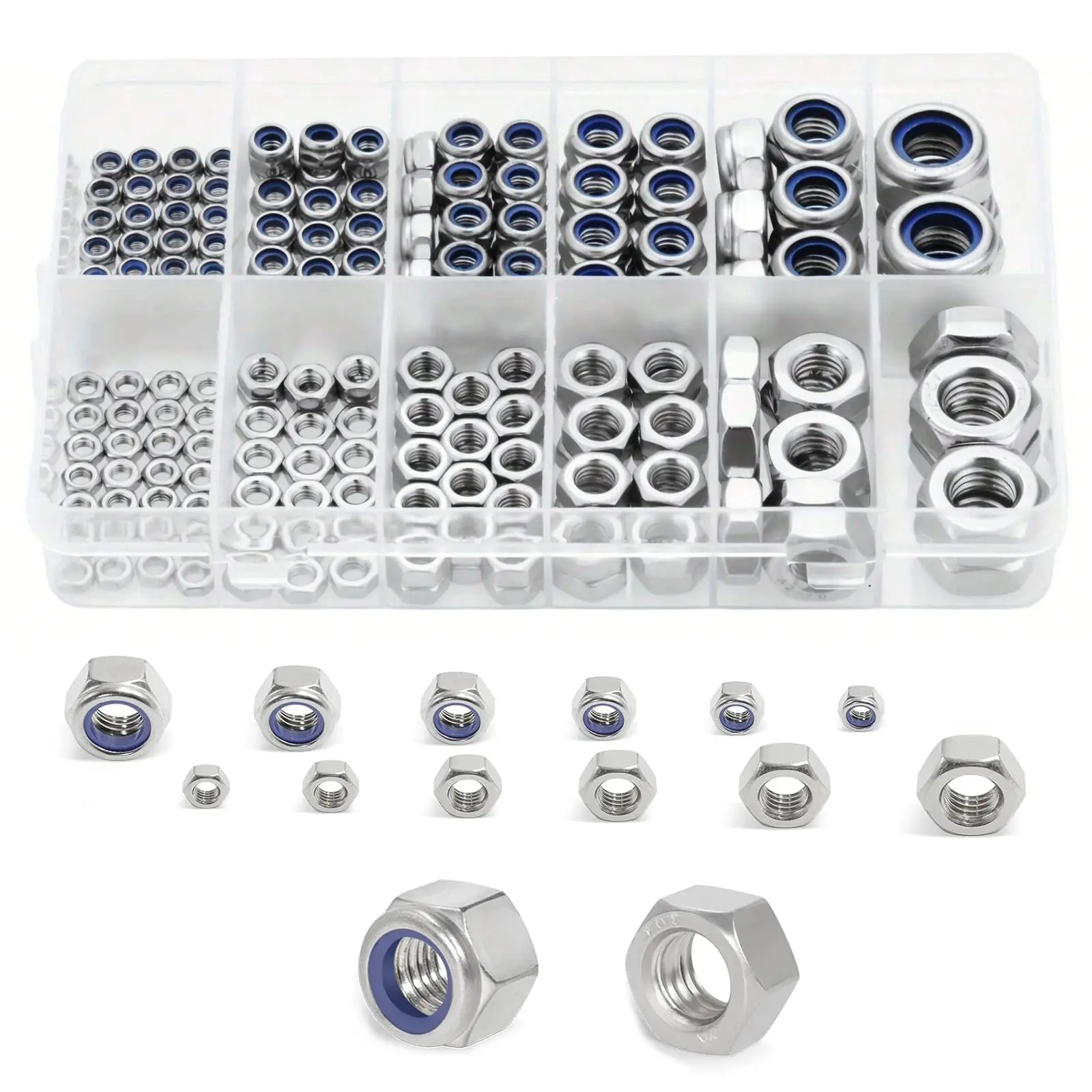 175PCS 201 Stainless Steel Metric Hex Nuts & Anti-Looseness Locknuts Assortment Kit - M3, M4, M5, M8 Sizes for Door Handles, Hardware Fastening, Building Construction, Machinery Industry Metal Bolt Nuts Needs
