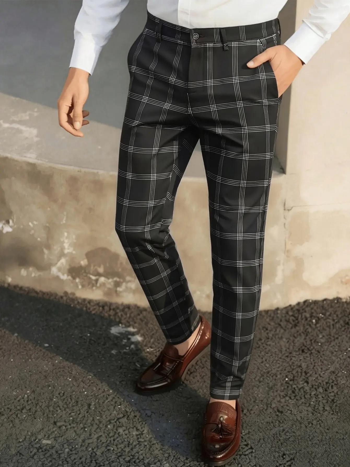 Men's Slim Fit Plaid Houndstooth Pants - Mid Waist Tailored Waistband Stretch Straight Leg Menswear, Button Closure, Stretch Fabric, Business Casual Office Use, Wedding Fancy Occasions, Cool and Casual Men's Pants, Business Fashion Pants, Checkered