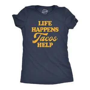 Womens Life Happens Tacos Help T Shirt Funny Sarcastic Mexican Food Lovers Graphic Tee for Ladies Funny Womens T Shirts Cute Vintage Fashion Casual Ladies T-Shirt Gift Cinco De Mayo Tops for Women Funny Food Navy -