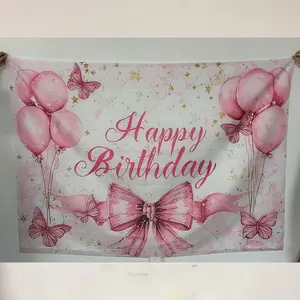 2D flat banner, 1pc1pc pink and white birthday-themed banner, soft watercolor texture, elegant cursive 'Happy Birthday' lettering, adorned with pink speckled balloons, butterflies, and a large detailed bow, perfect for birthday party decoration, wa