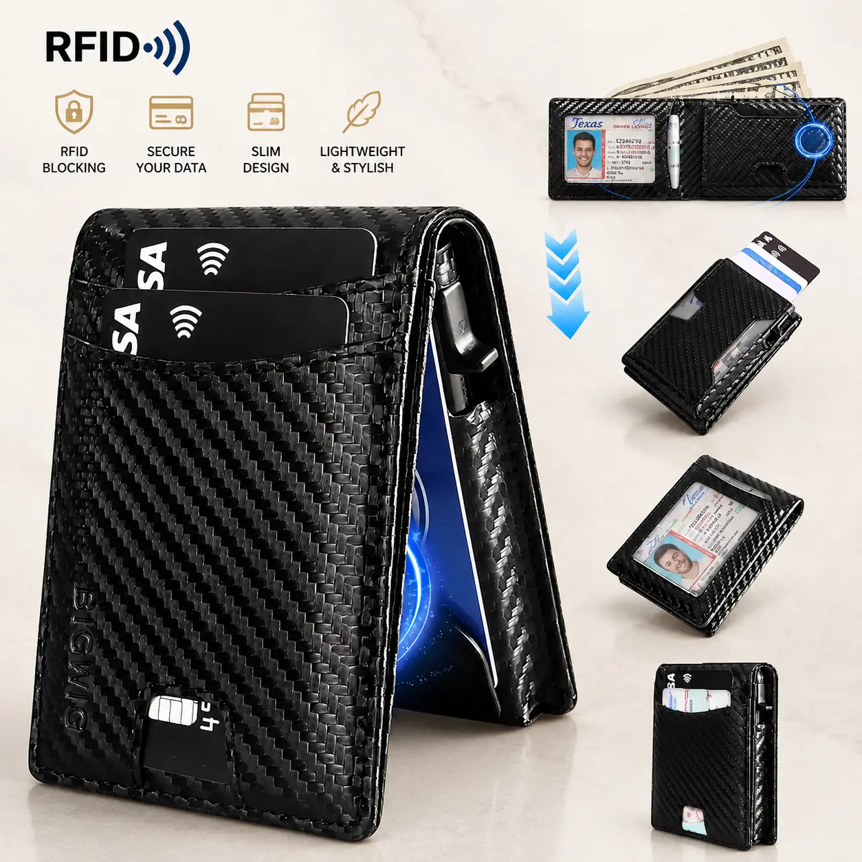 Men's ultra-thin black RFID card wallet - Can be ejected with one hand, can hold cash, securely stored, detachable card holder, wireless RFID card slot - for quick card retrieval. Men's accessories, men's gifts, give him a unique gift,.