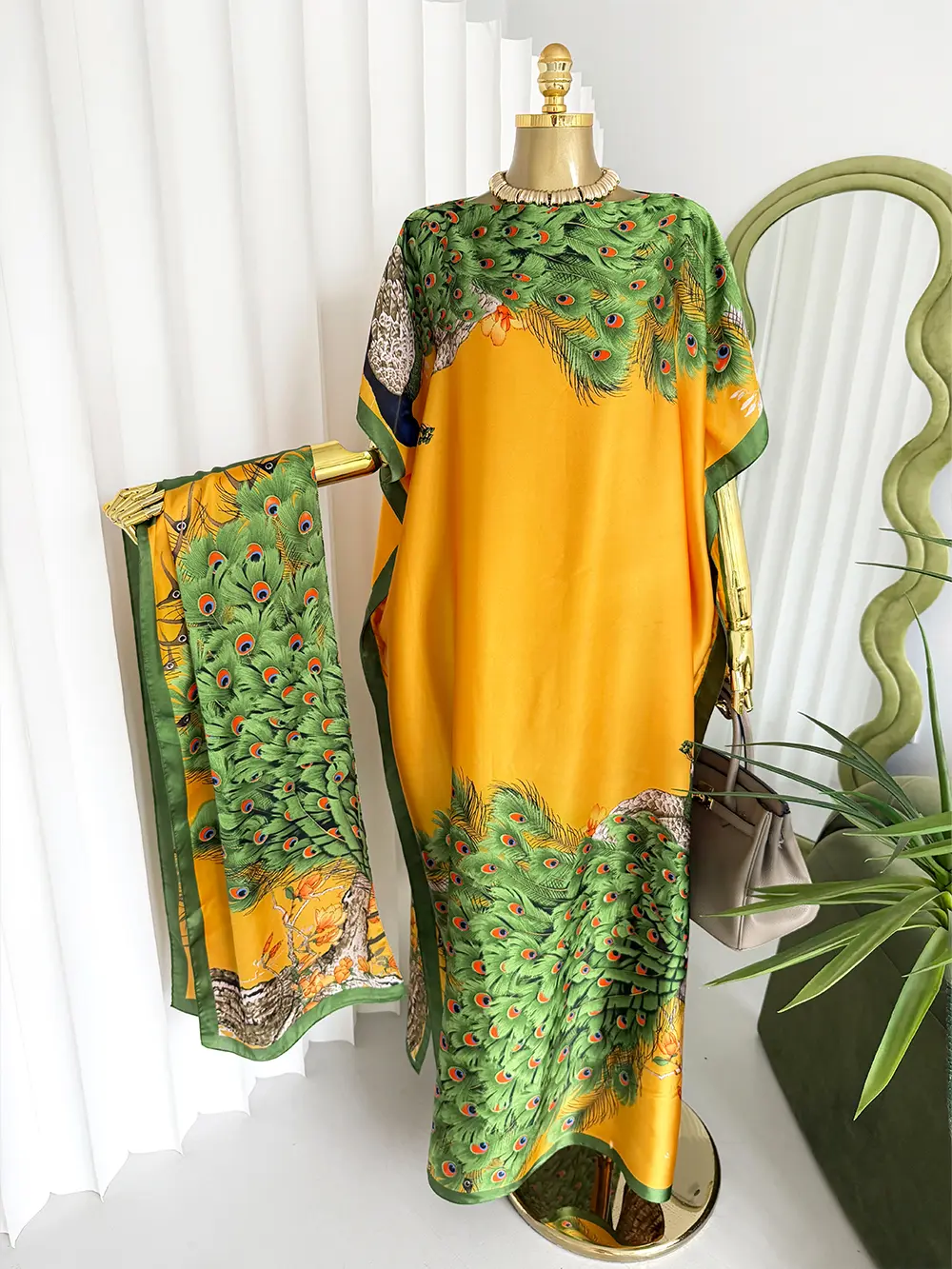 Women's Peacock Feather Ethnic Pattern Beach Kaftans Maxi Dress & Scarf Set - Cowl Neck, Soft Chiffon, Vibrant Green-Gold, Loose-Fit Long Robe, Boho Party Cover Up, Summer Vacation Lounge Wear, Ethnic Pattern Kaftan