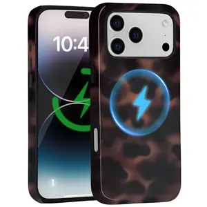 Amzfield MagSafe Magnetic iPhone Case Tortoise Shell with Leopard Amber Print Cute Aesthetic Shockproof 2-in-1 Hybrid Cover for Women