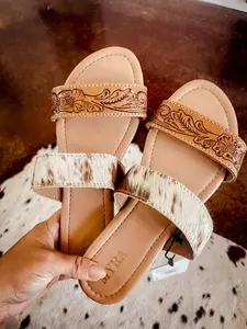 Genuine Cowhide Leather Sandals for Women - Western Tooled Leather Slide Sandals | Boho Cowgirl Shoes | Cowhide Slides