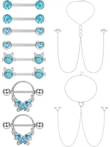 Exquisite 10 Pcs Colorful Piercing Studs Pins Stainless Steel Nipple Rings for Women Men Shining CZ Butterfly Heart Nipple Rings with Chokers Necklaces Fashion Body Jewelry Nipple Barbell Body Piercing Jewelry