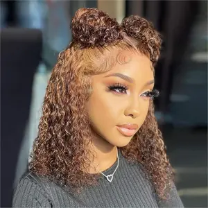 Curly Bob Wig Human Hair Jerry Curly 13x4 HD Lace Front Wigs For Black Women Human Hair Pre Plucked Wear And Go Glueless Short Wet And Wavy Ombre Honey Blonde Highlight Color 4/27 #Vacation Ready