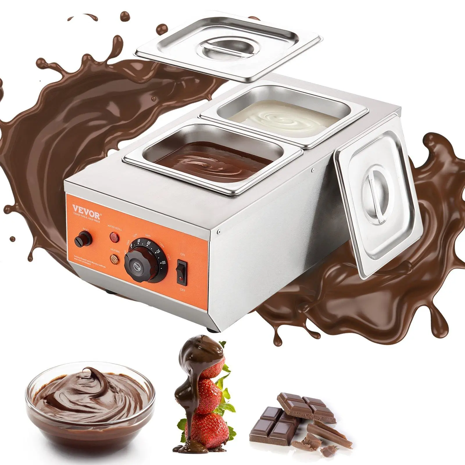 【DealsForYouDays】VEVOR Chocolate Tempering Machine, 9 Lbs 2 Tanks Chocolate Melting Pot with TEMP Control 86~185℉, 800W Stainless Steel Electric Commercial Food Warmer For Chocolate/Milk/Cream Melting and Heating