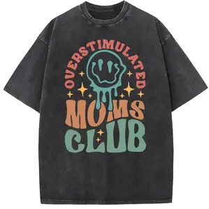 Vintage Black Washed Mom Life T-Shirt, "Overstimulated Moms Club" Retro Groovy Print, Oversized Unisex Tee for Casual & Mom Style Outfits