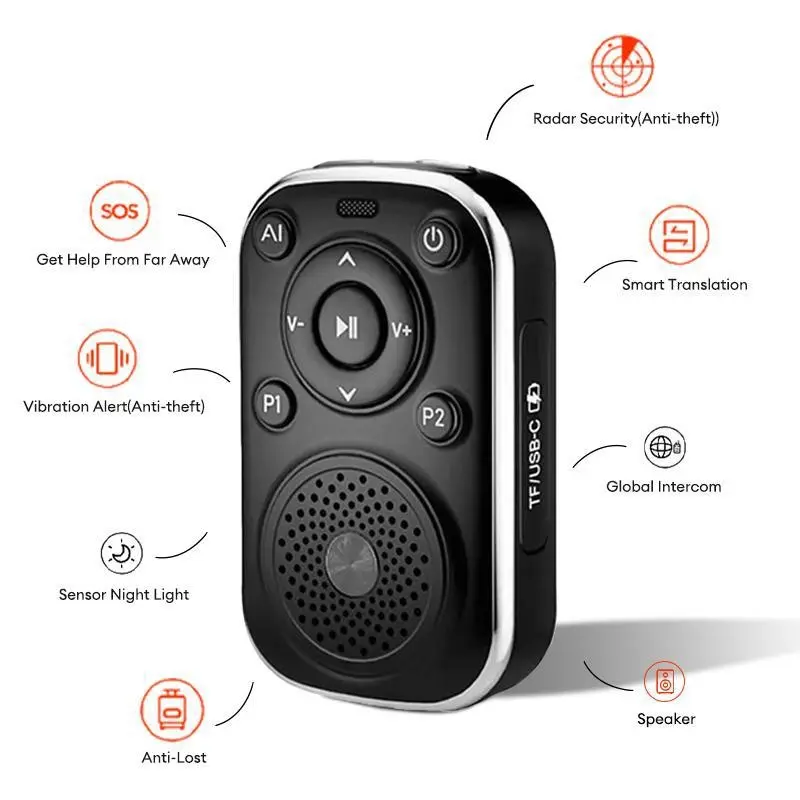 VA18 8-in-1 Smart AI Translator Speaker - Smartphone-Compatible, Supports Translation, SOS Emergency Assistance, Global Intercom, Anti-Lost Alert, AI Assistant, Radar Detection, Vibration Alert, Portable Audio Device for Travel (Android & iOS)