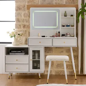 White Retractable Makeup Vanity with 3-Color LED Mirror, Storage Drawers & Cabinet, Power Strip (2 Outlets + USB-C)
