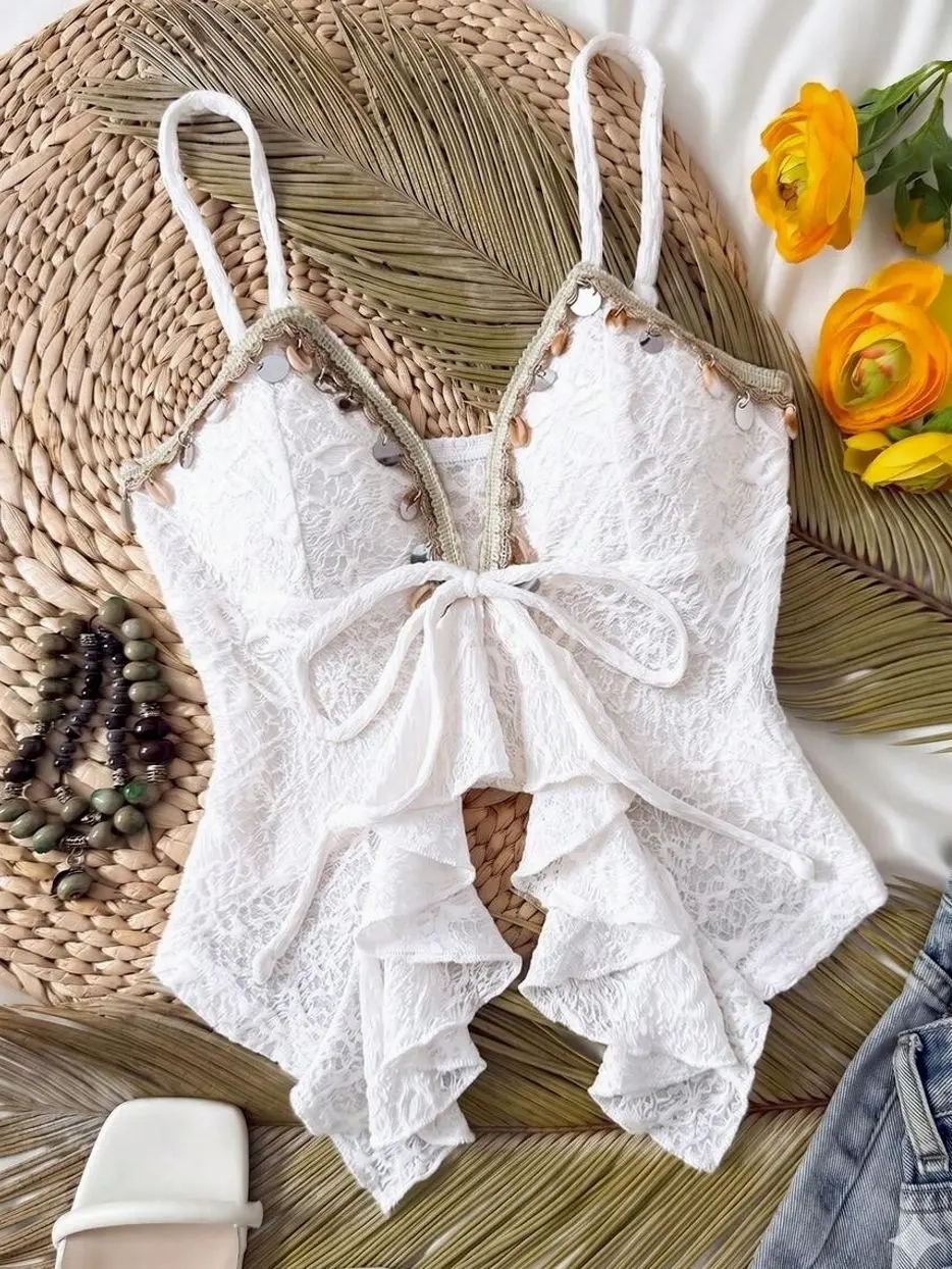 Women's Elegant Lace Camisole Top, Sleeveless Ruffle Bustier for Summer Holidays and Weekend Outfits