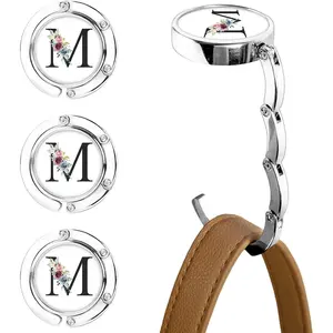 3Pcs Personalized Initial Foldable Purse Hook for Table,Crushed Flower Letters Folding Purse Hanger,Purse Holder Handbag Hanger Collection Desk Table Bag Hooks for Women Bag(Black-M)