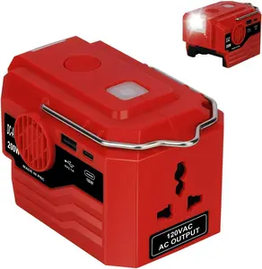 200W Power Inverter for Milwaukee ∧∧-18 Battery, DC 18V to AC 110-120V Inverter, Portable Power Supply Inverter with AC Outlet & USB and Type-C Ports & LED Light (Battery not Include)