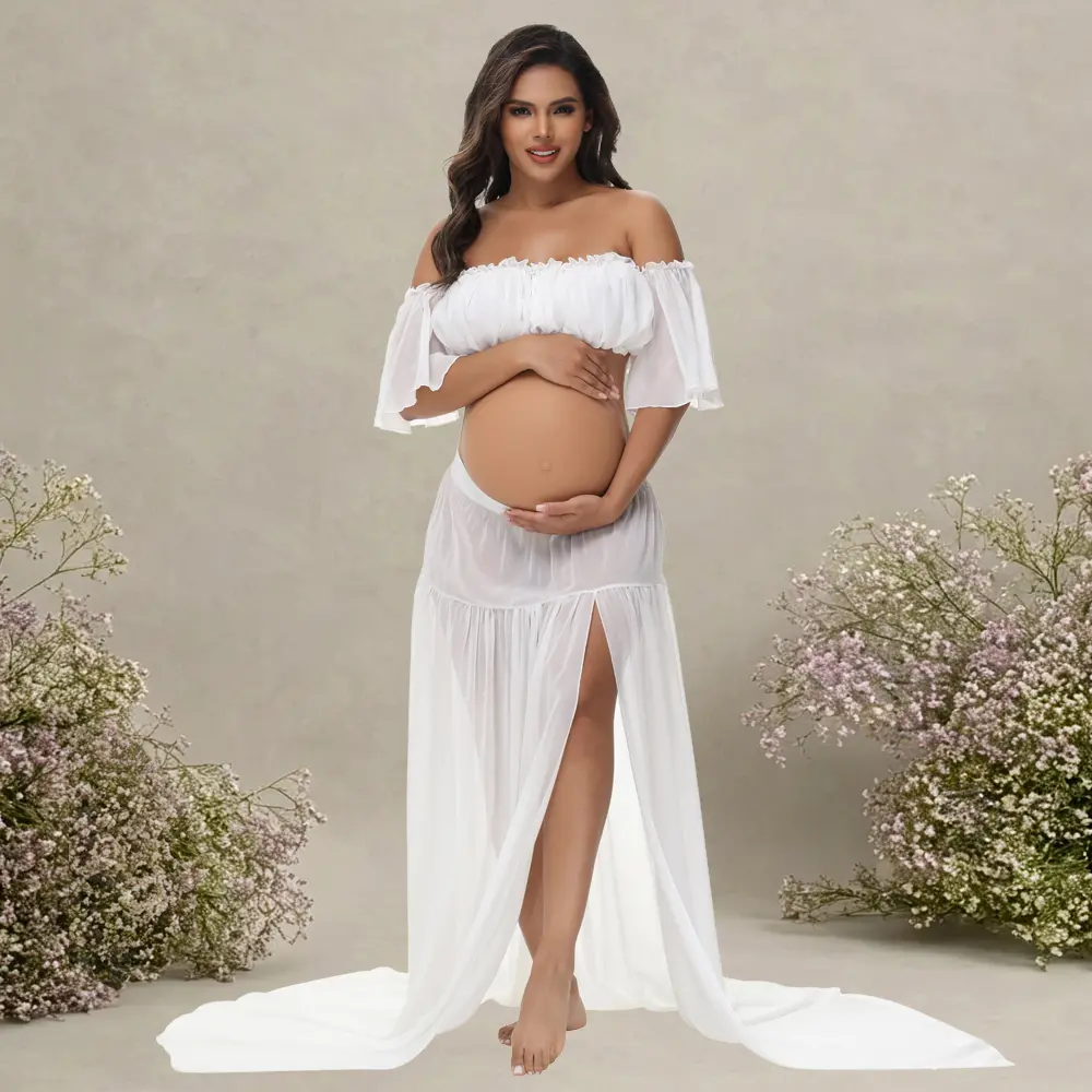 Women's 100% Polyester 2-Piece Pregnancy Clothes Set - Summer Photoshoot Outfits with Ruffle Off-Shoulder Short Sleeves Tube Top & Slit Skirt