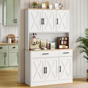 Walsunny Tall Pantry Cabinet with Charging Station, 6 Cabinets and 2 Drawers Kitchen Buffet Sideboard Cabinet Entryway Coffee Bar Cabinet with Microwave Stand, Farmhouse Kitchen Hutch with Storage Drawers for Living Room, Dining Room, White