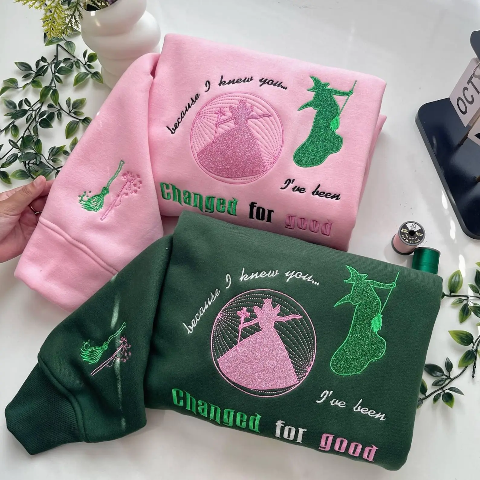 Wicked For Good Embroidered Sweatshirt, Because I Knew You I Have been Changed For Good Tee, Elphaba and Glinda Embroidery On Sleeve Hoodie
