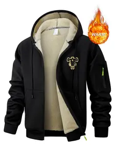 Men's Bull Print Plush Soft Fleece Lined Jacket, Casual Cozy Hooded Sweatshirt Coat With Pockets, Fall Winter Warm Thermal Outwear Outfits Tops, Kangaroo Pocket Design, Zipper Pocket Sleeve, Casual Fitted Jacket