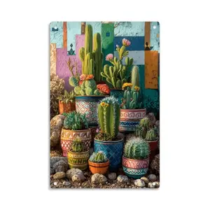 Colorful Cactus Potted Plants in Southwestern Desert Style Aluminum Sign Vintage Desert Cactus Aluminum Print for Home Bedroom Kitchen Bar Wall Decor