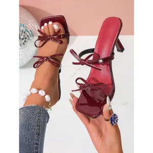Burgundy Summer New Bowknot Open Toe High Heel Sandals, Versatile Minimalist Thin Heel Sandals For Women