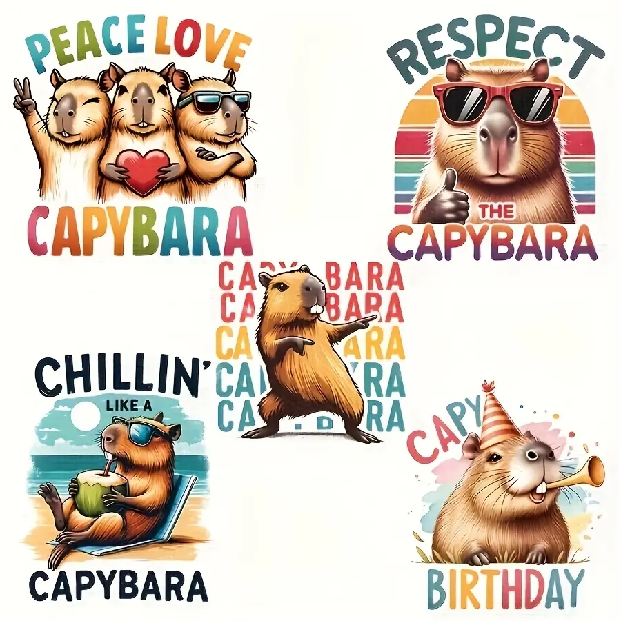 5 Cute Capybara Theme Heat Transfer Vinyl Patches, Iron-On DIY Fabric Stickers for Clothing & Home Decor, Fun PVC Design