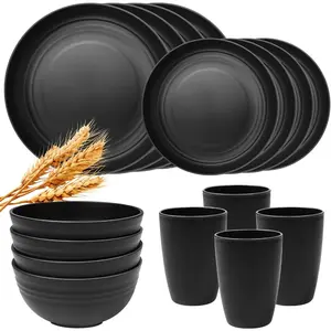 16PCS Set Large Kitchen Wheat Straw Dinnerware Tableware Unbreakable Plates and Bowls Indoor Outdoor Kitchen Reuasble Plates and Bowls Dinner Dishes Set Service for 4 Dinner Sets
