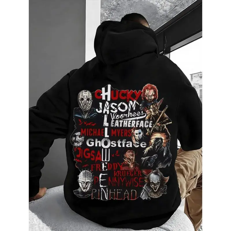 Graphic Hoodie with Horror Icons Collage, Unisex Casual Long Sleeve Printed Sweatshirt, Soft Cotton Fabric Horror Movie Lover Top, Graphic Hoodies, Party, Athletic, Cute, Retro