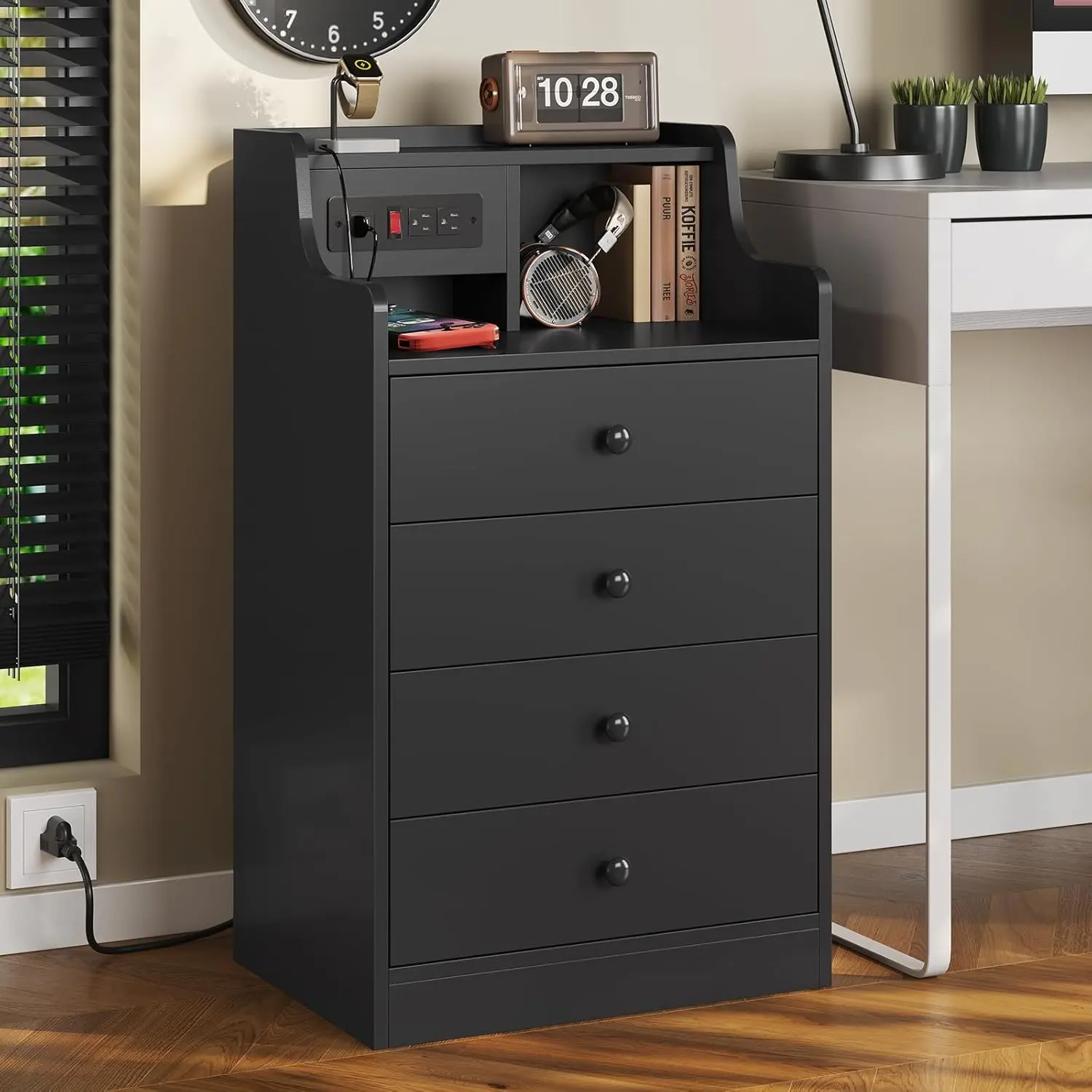 ADORNEVE Large Black Nightstand - Modern Furniture Nightstand, Large-Format Built-In Drawer-Equipped Bedside Table with Charging Station, Tall Bedroom Hutch & 4 Drawers, Nightstands