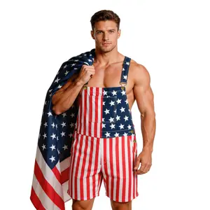 Summer Patriotic American Flag Romper Shorts, Unisex Stretchy Denim Bib Overalls, Sleeveless Jumpsuit for Memorial Day Parade, Couples Matching Outfit, Daily Vacation Wear