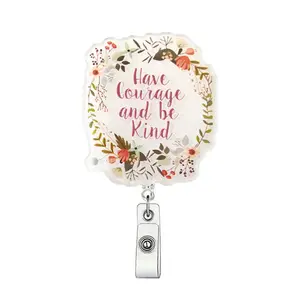 Flower Wreath Pattern Retractable Badge Holder, Cute Badge Scroll Badge Clip, ID Card Pack for Students Office Staff Doctors Nurses Teachers