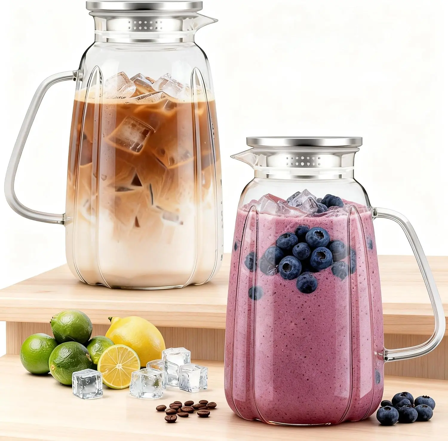 2-Pack Borosilicate Glass Pitcher with Drip-Free Lid & Handle, 2L/68oz Heat-Resistant Fridge Water Jug, Kitchen Drinkware for Daily Use, Iced Tea & Hot/Cold Beverages
