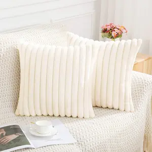 Faux Fur Plush Throw Pillow Covers 18x18 Set of 2, Luxury Soft Fluffy Striped Decorative Spring Pillow Covers for Sofa, Couch, Living Room