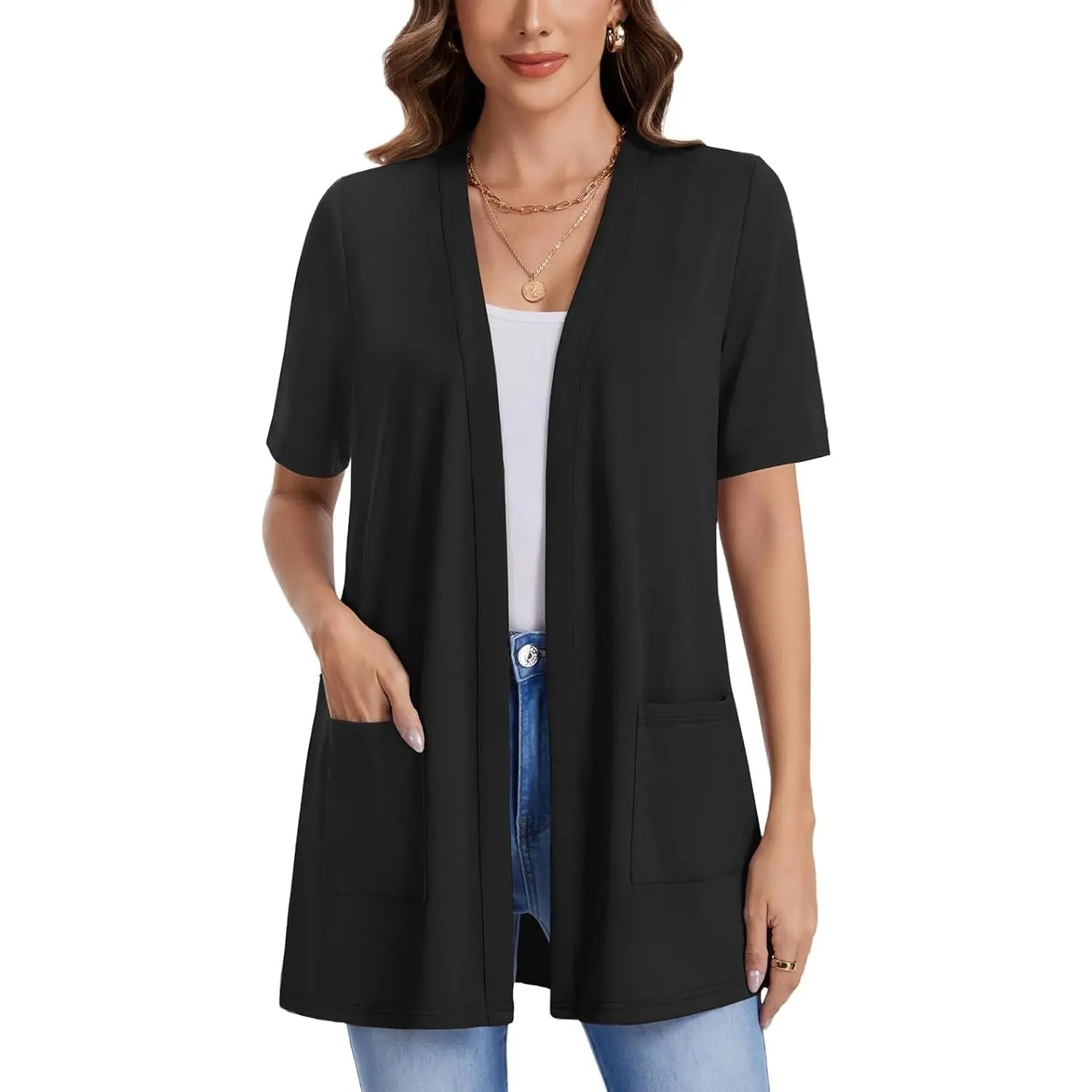 WEACZZY Women's Minimalist Sleeveless Cardigan Vest - Oversize Open-Front Longline Duster with Pockets, Polyester, Elastane, Loose-Fit Classic Workwear for Leggings, Medium (US 8-10), Normal Type, Machine Washable