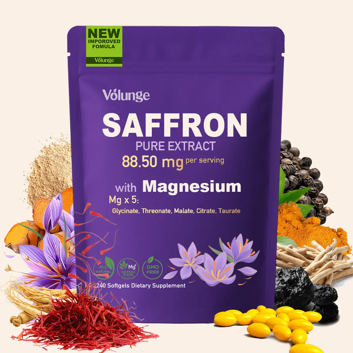 Volunge Saffron Extract Mineral Supplements - 88.5mg per Serving, 5 Types of Magnesium, Gluten Free, Non-GMO, Plant-Based, Vegan, GMP Certified, Unflavored, Clinically Tested, 18+ Adult Energy & Focus Support, 240 Softgels