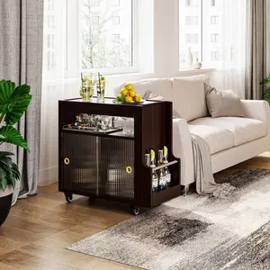 FUFU&GAGA Kitchen Storage Cabinet Dish Cabinets Counter Top Rack Small Cabinet Storage Container Sideboard Food/Bottle Organizer with Glass Sliding Doors with Wheels