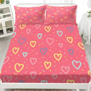 Valentine's Day Bedding Set, Heart Pattern Sheet & Pillowcases, Soft Fabric Easy Clean, Sweet Romantic Bedroom Decor
