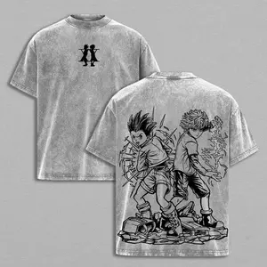 Menswear Vintage Washed Hunter x Hunter Gon Killua Double-Sided T-Shirt, Oversized Retro Distressed Anime Figure Graphic Short-Sleeve Tee, Harajuku Streetwear Y2K Aesthetic 100% Cotton Casual Sports Top for Men