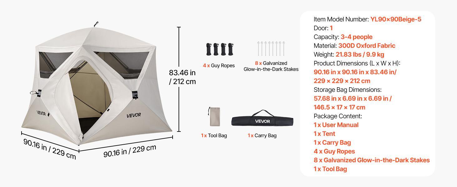 VEVOR Camping Tent, 4 Person Pop Up Instant Cabin Tent with Large Mesh Windows, 60 Seconds Easy Setup, Portable Cabin Hub Tents with Carry Bag for Family Outdoor Camping & Hiking, Upgraded Ventilation