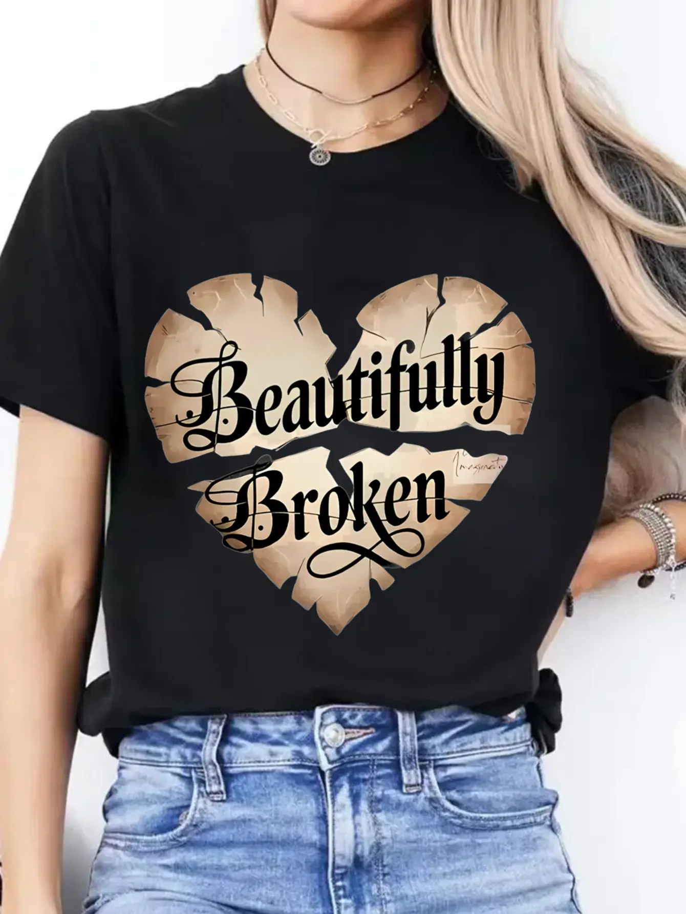 Women's Short-Sleeve Cotton Tshirt - Regular Fit, Soft Stretch Polyester-Spandex Fabric, Round Neck, Printed Front, Minimalist Solid & Elegant Broken Heart Graphic, Machine Washable, Everyday All-Seasons Casual Top, Do Not Bleach