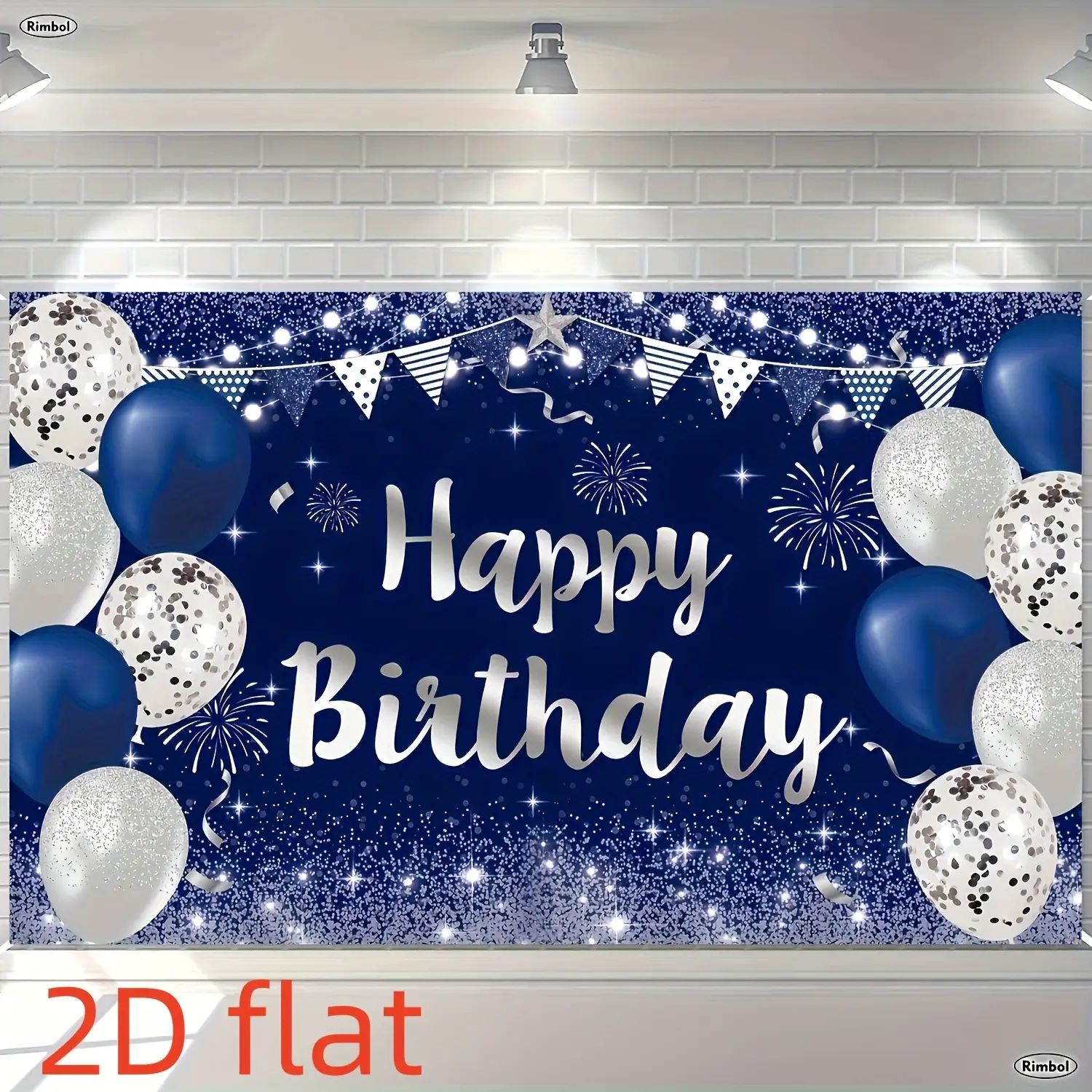 Navy & Silver Elegant Polyester Wall Hanging Backdrop - 100% Premium Soft Glitter Finish Flat Banner with Stars, Balloons, Happy Birthday Text, Festive Supplies for Birthdays, Anniversary, Photo Booths