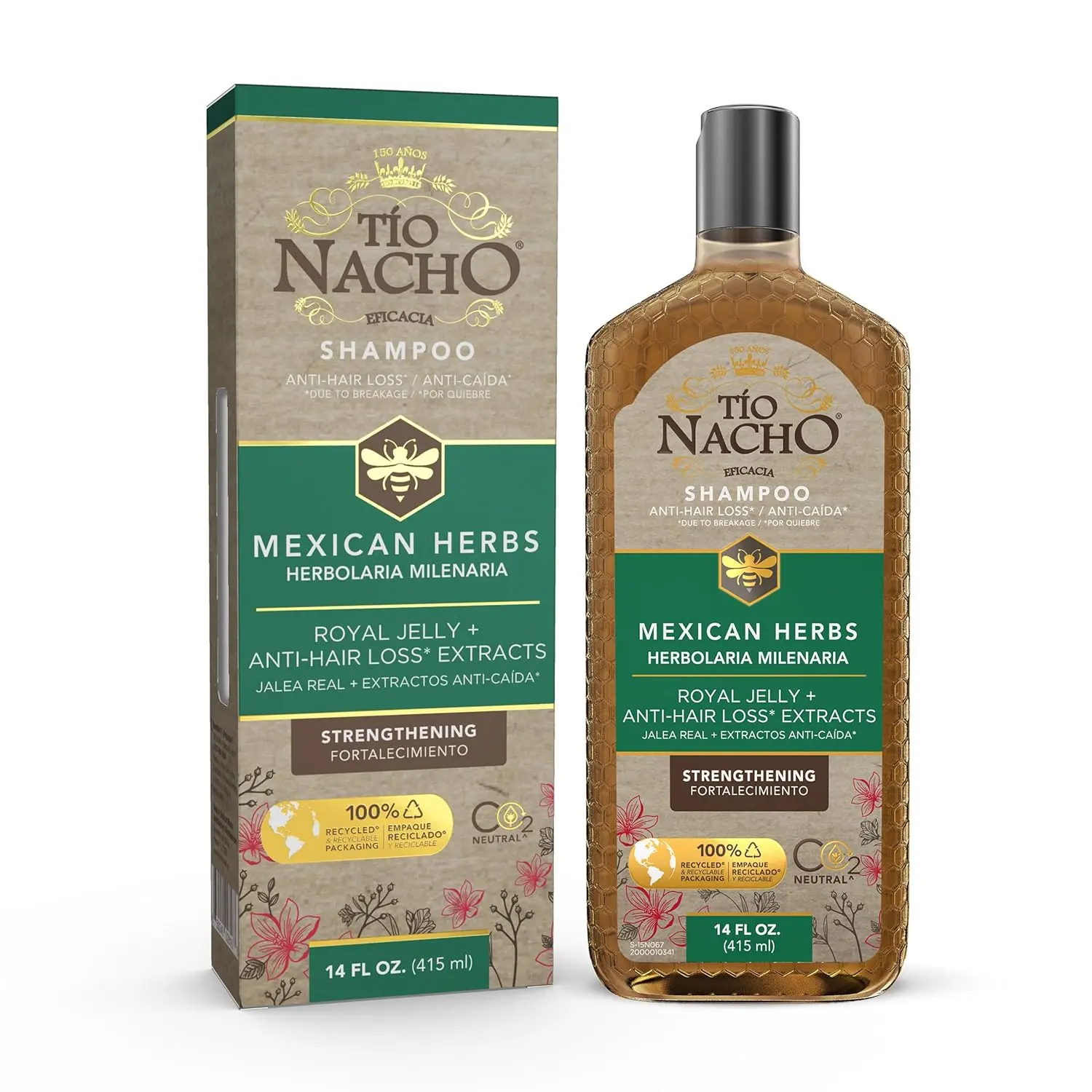 Tio Nacho Mexican Herbs Shampoo, Strengthening & Lightening Blend with Royal Jelly & Ginseng, Reduces Hair Loss, Honey Scented Haircare, 14 fl oz, Cleanser, Natural Shampoo, Thickening Shampoo