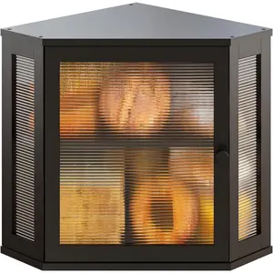 Corner Bread Box,  Bread Box for Kitchen Countertop, 2 Tier Wooden Bread Storage, Black