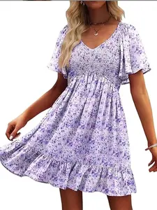 Love Pattern V-Neck Short Sleeved Dress-Purple