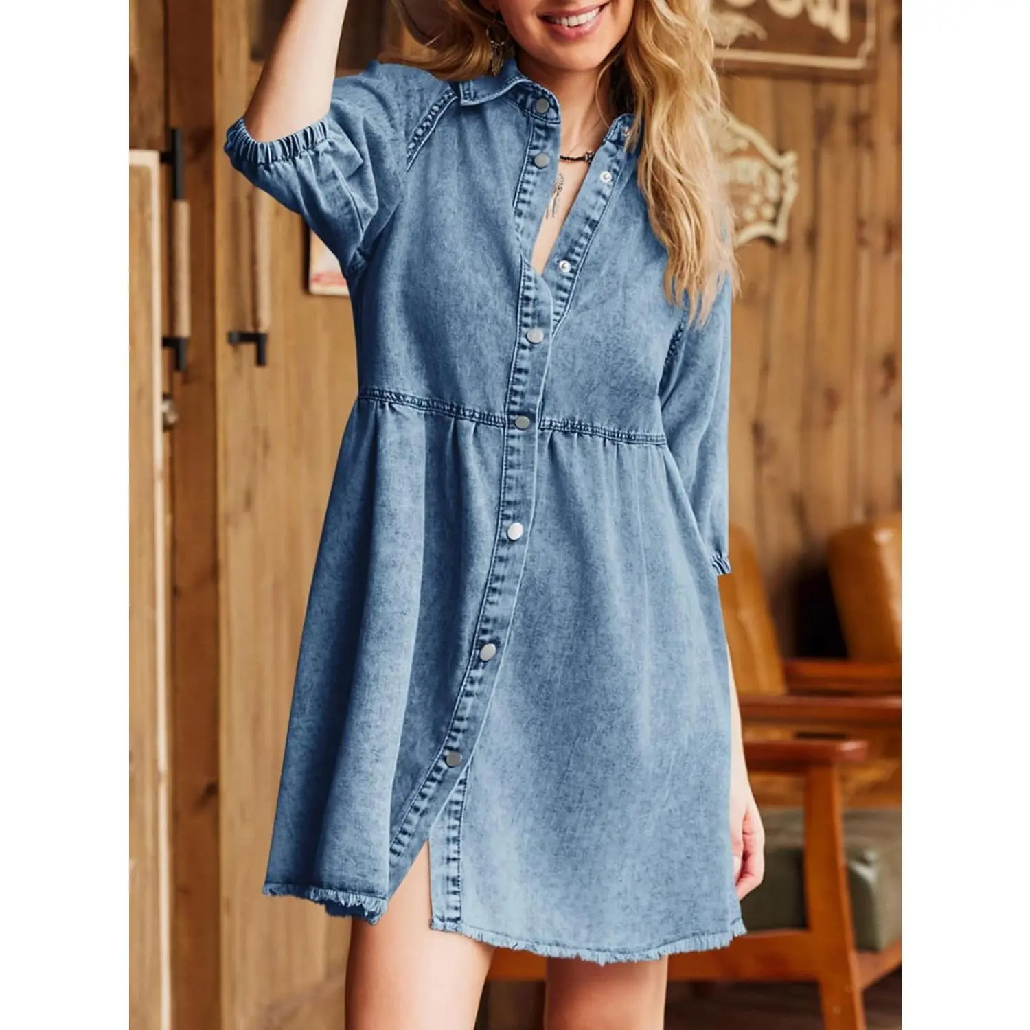 Imily Bela Womens Summer Denim Dress Button Down Short Sleeve Babydoll Dress  Puff Sleeve Flowy Jean Dres - TikTok Shop